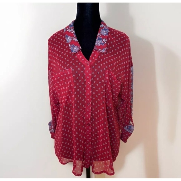 Free People Red Shirt Top M Sheer Button Front Long Sleeve Boho Preppy Slouchy - Picture 2 of 7